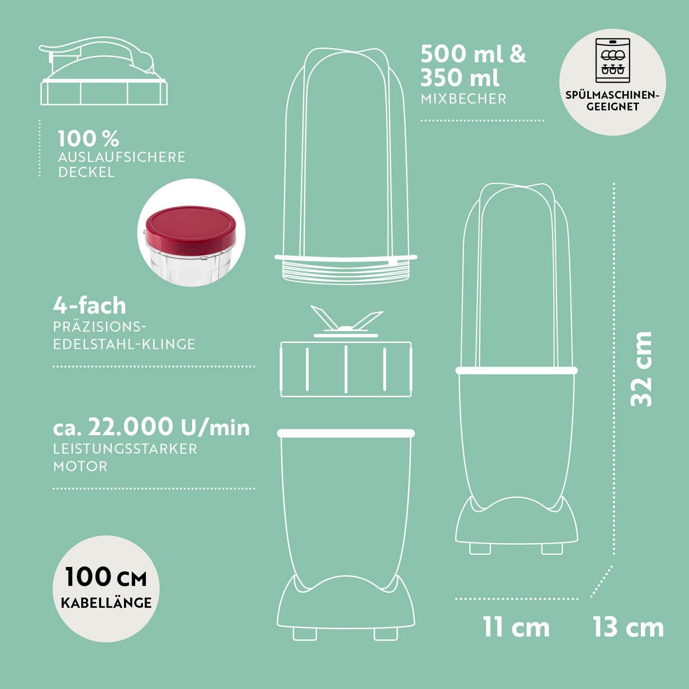 Power Pro Standmixer mit To-Go-Becher, Silber-rot | 400 W Power + | L-set