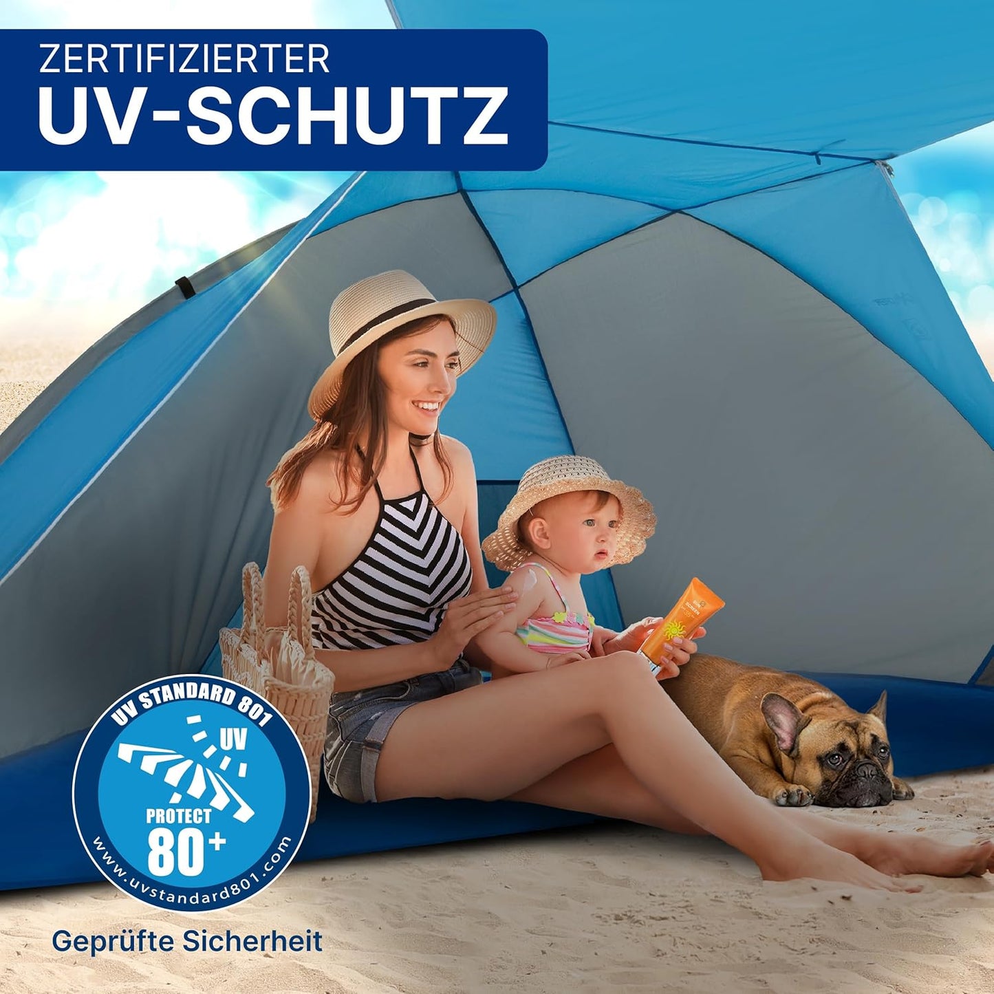 Strandmuschel mit Sonnendach, UV Schutz 80+ (270x120x120cm), Strandmuschel mit Sonnendach