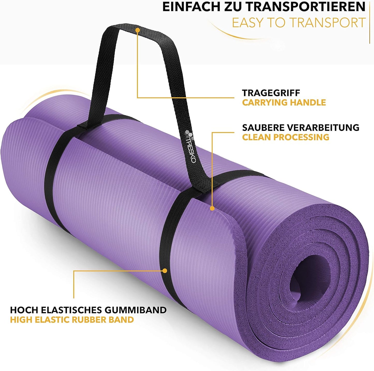 Rutschfeste Gymnastik- und Pilatesmatte mit Tragegurt, Violett 185 x 60 x 1,5cm