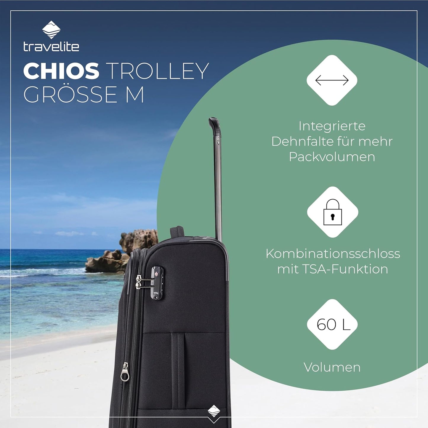 4-Rad Weichschalenkoffer Chios mit Dehnfalte, Trolley Größe M (67 cm) Schwarz