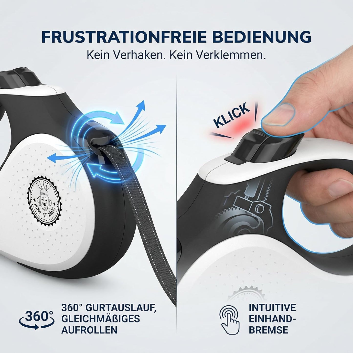 Ausziehbare Hundeleine 5m bis 50kg, bequemer Griff, L | 5m | bis 50kg Weiss | Schwarz