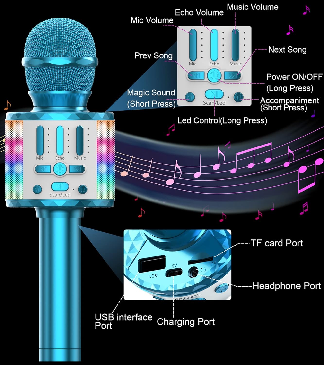 Karaoke-Mikrofon mit Bluetooth und LED Lichtern, MC18-Blau