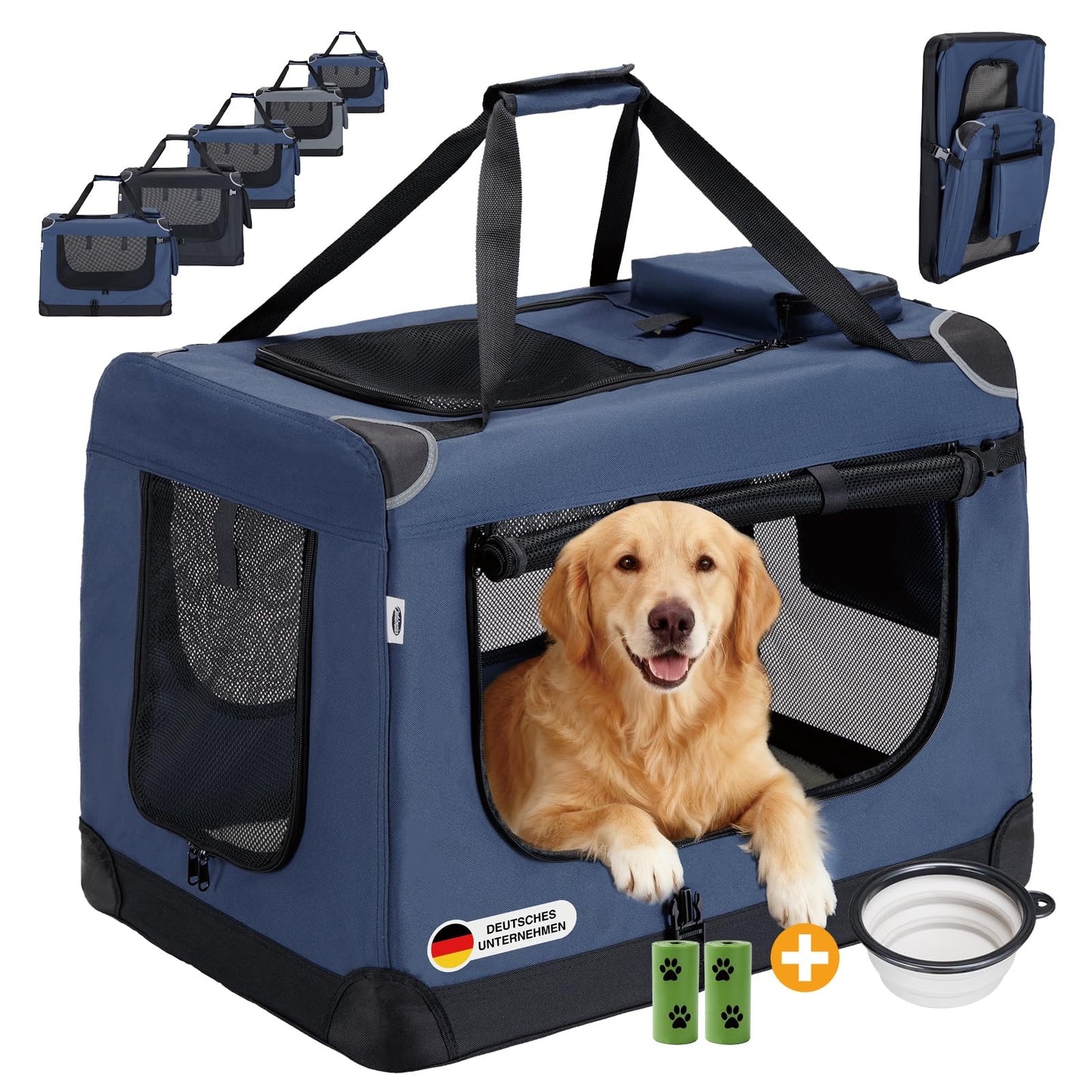 Faltbare Hundetransportbox mit Napf und Kotbeutel, XL Dunkelblau