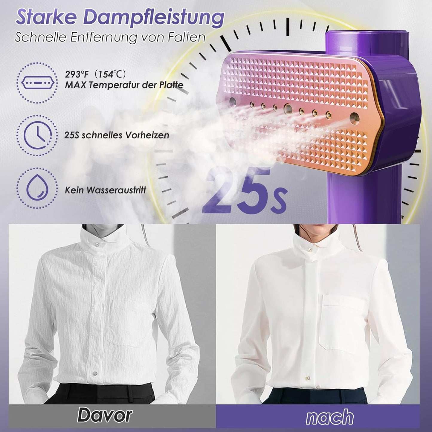 2-in-1 Hand-Dampfglätter mit LED Display, Lila