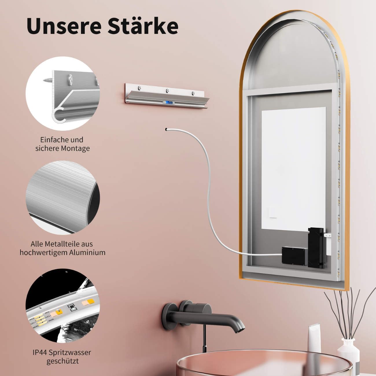 LED Badspiegel mit Antibeschlag und Touch-Schalter, Gold-arch Antibeschlag|50L x 90B cm