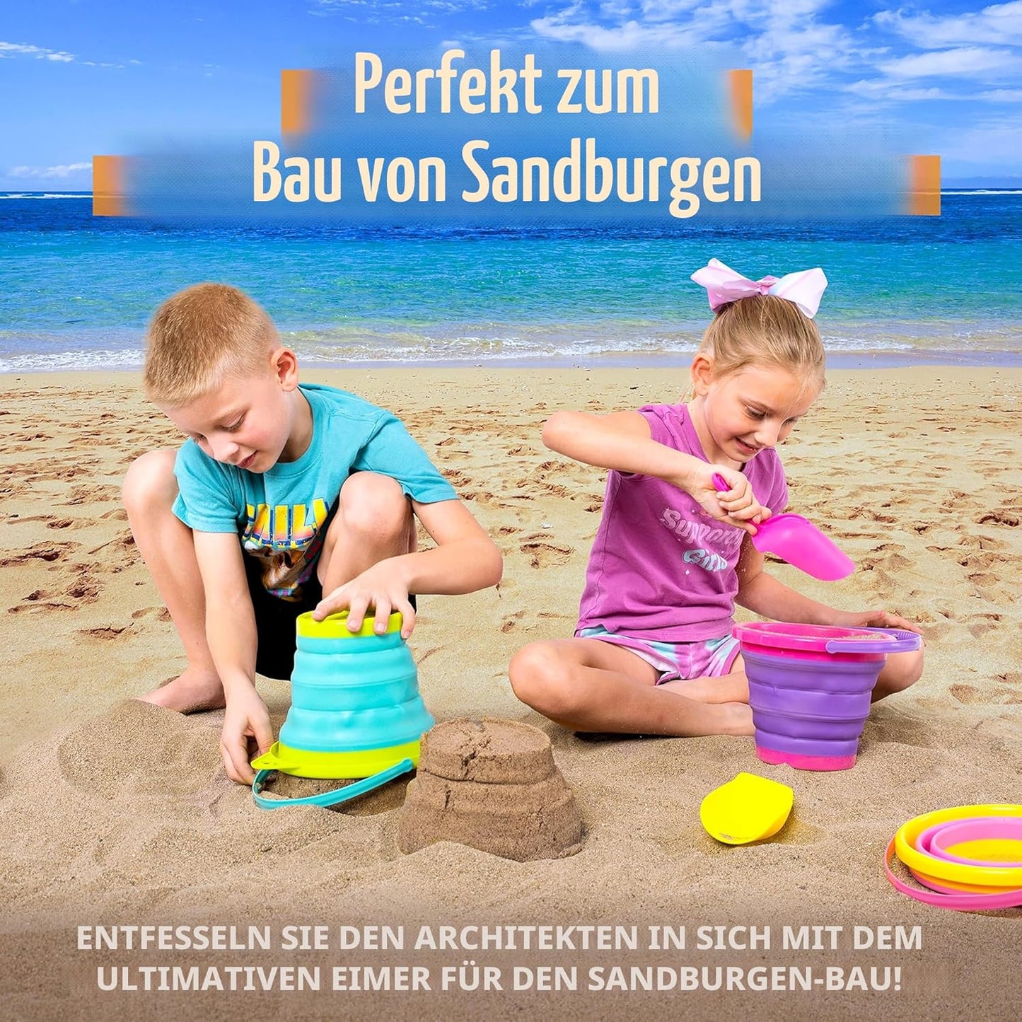 Faltbare Sandspielzeug Eimer mit Netz-Rucksack, 3 Stück, Pink