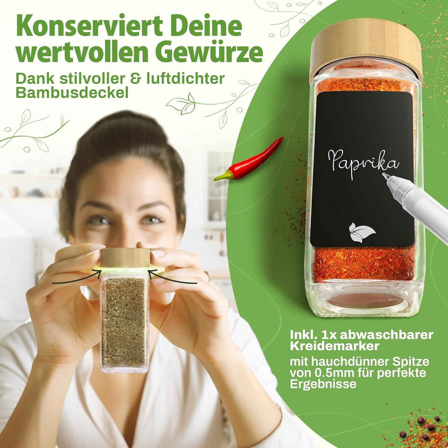 24-teiliges Gewürzgläser Set Eckig mit Gewürzetiketten, Streueinsätze, 24er Set - Bambus