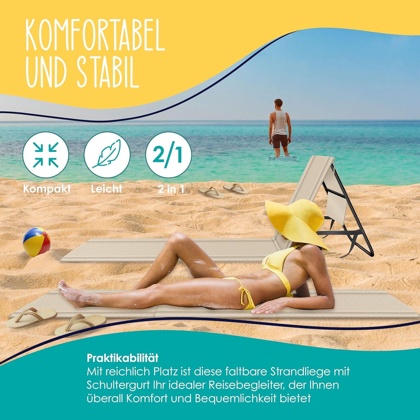 Klappbare Strandmatte mit Rücklehne und Tasche, 1 Stück Beige