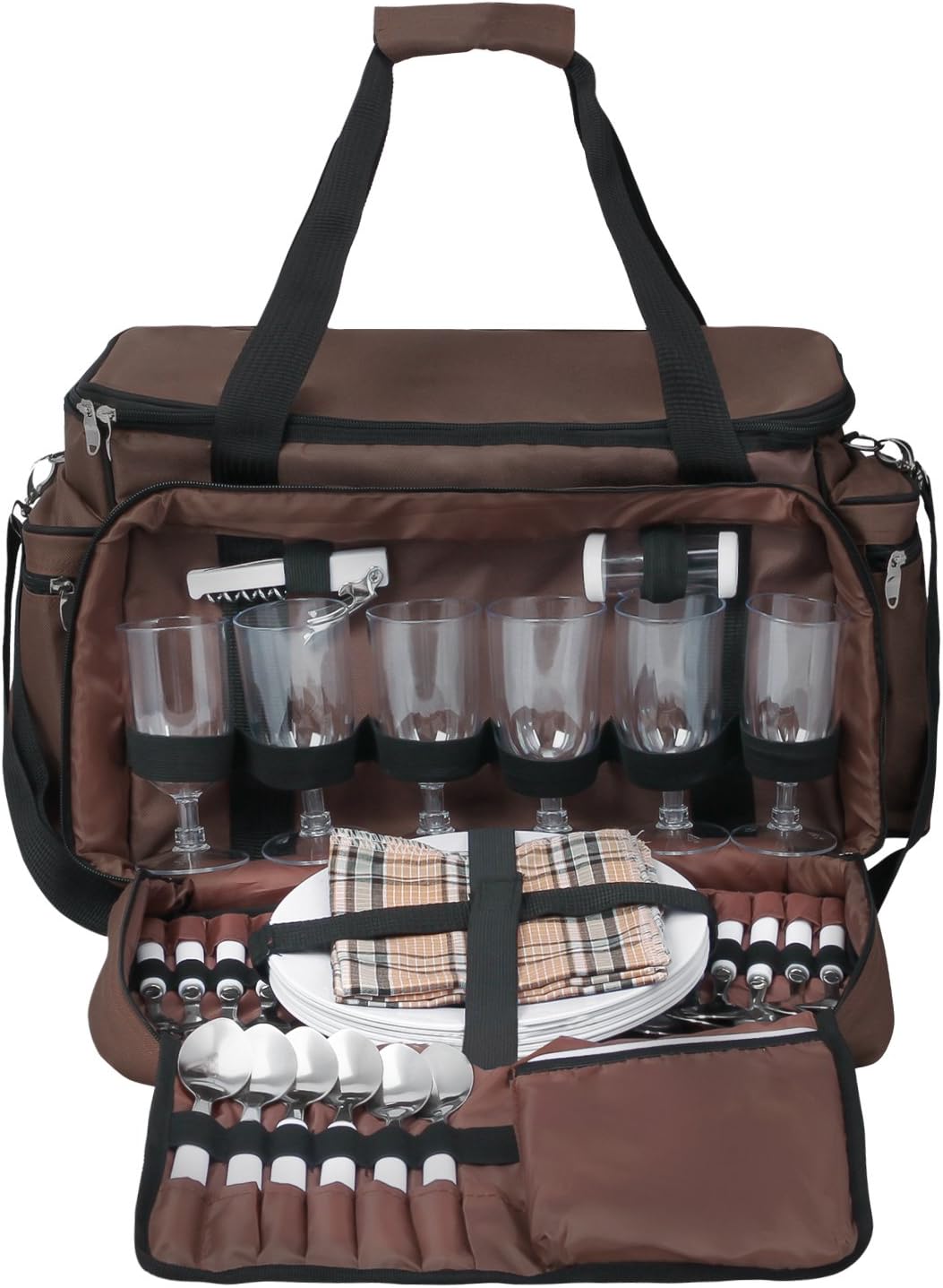 Picknicktasche für 6 Personen, Braun Hellblau Kreise