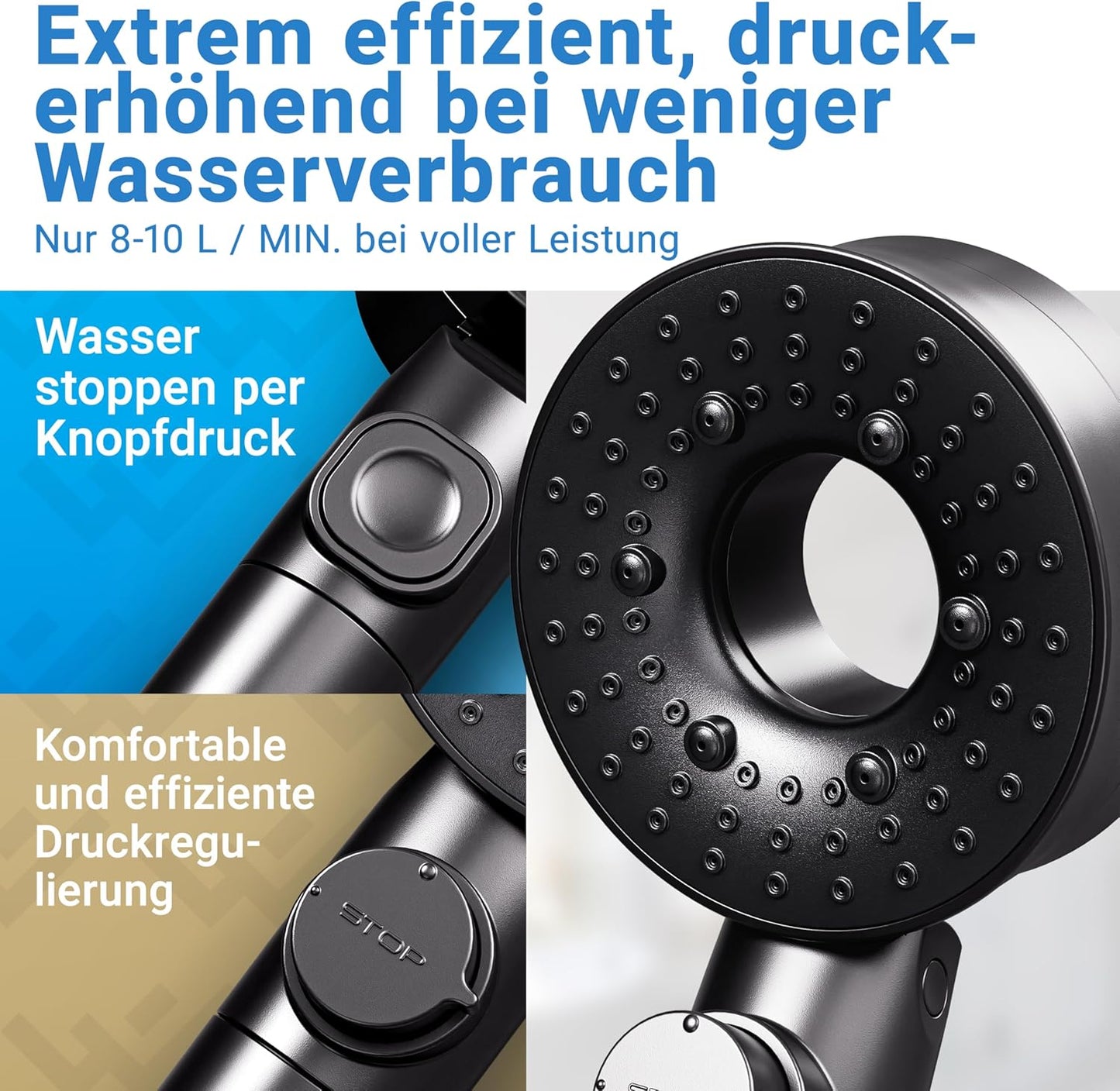 Duschkopf mit Filter und 3 Modi (wassersparend), Matt Schwarz