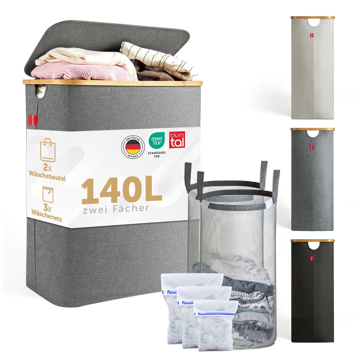 Wäschesammler mit herausnehmbaren Säcken, Grau 140L