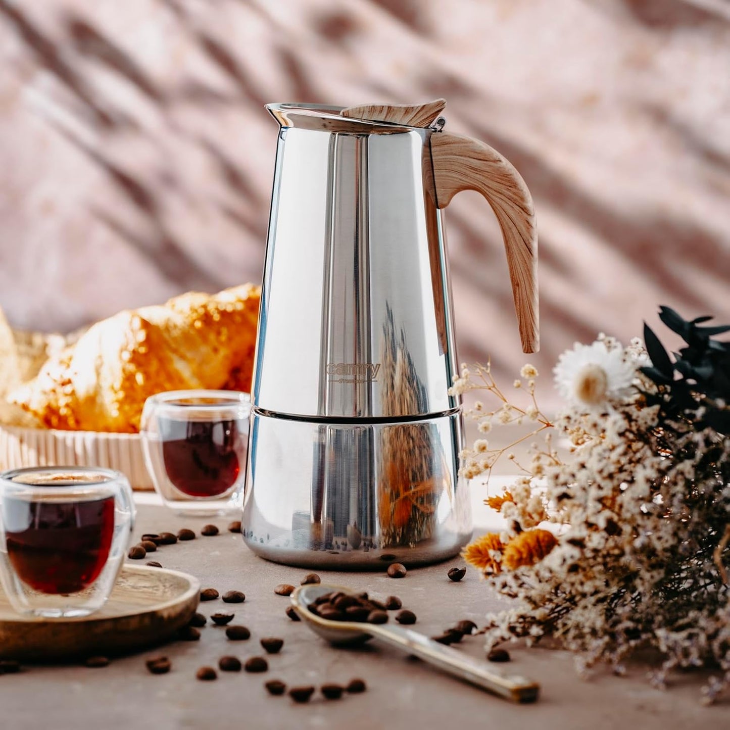 Espressokocher Induktion für 5-6 Tassen, Edelstahl, Stahl/Holz 350ml