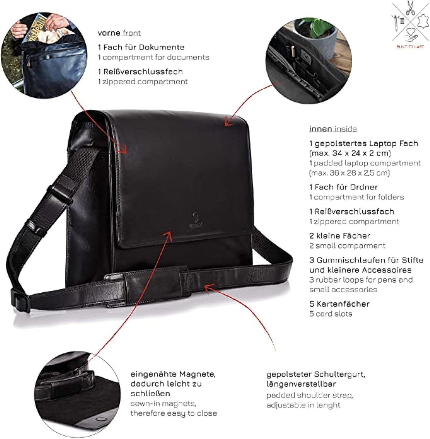 Business Messenger Laptoptasche, Vintage Schwarz