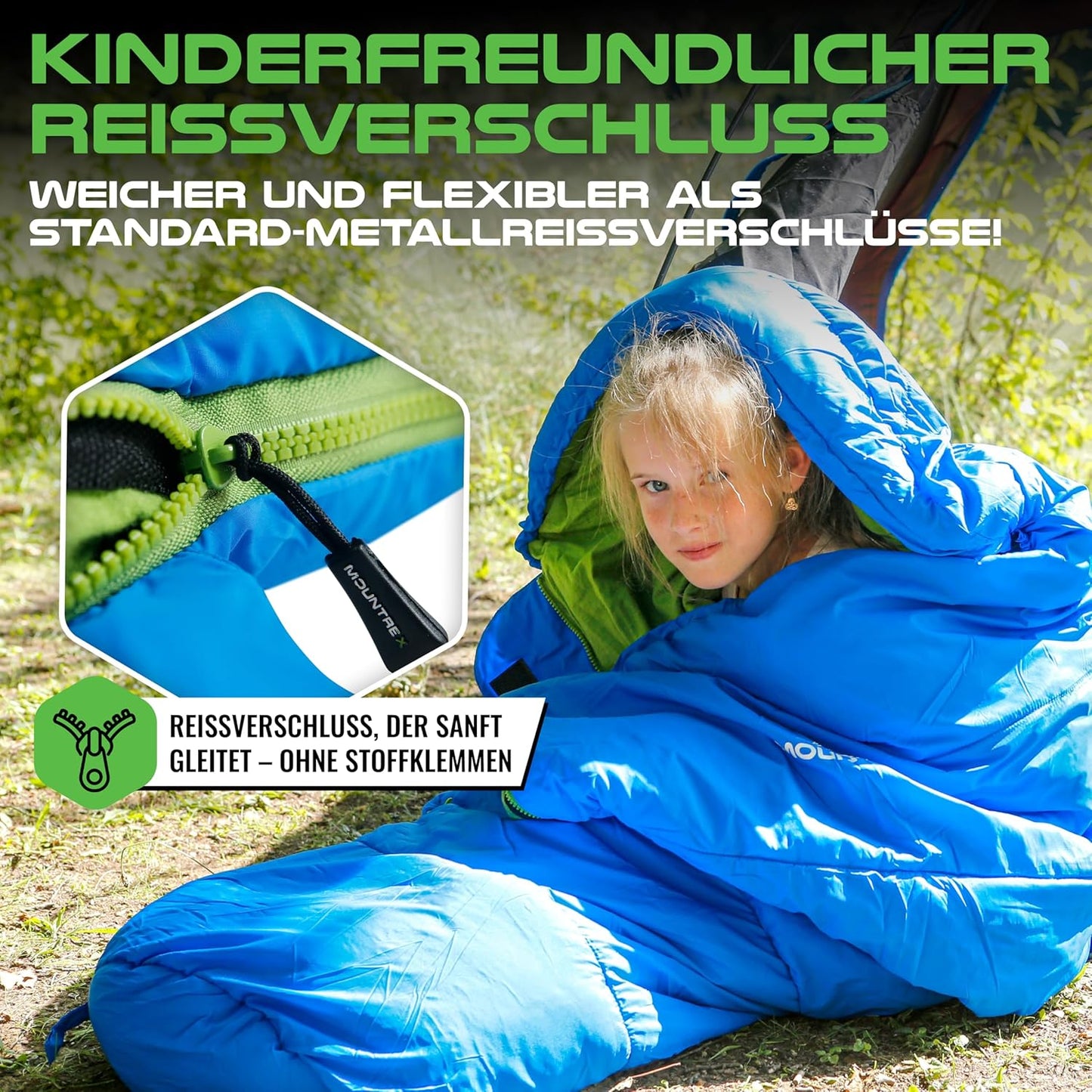 Kinderschlafsack mit Baumwollfutter, Blau/Grün 175 x 70 x 45cm