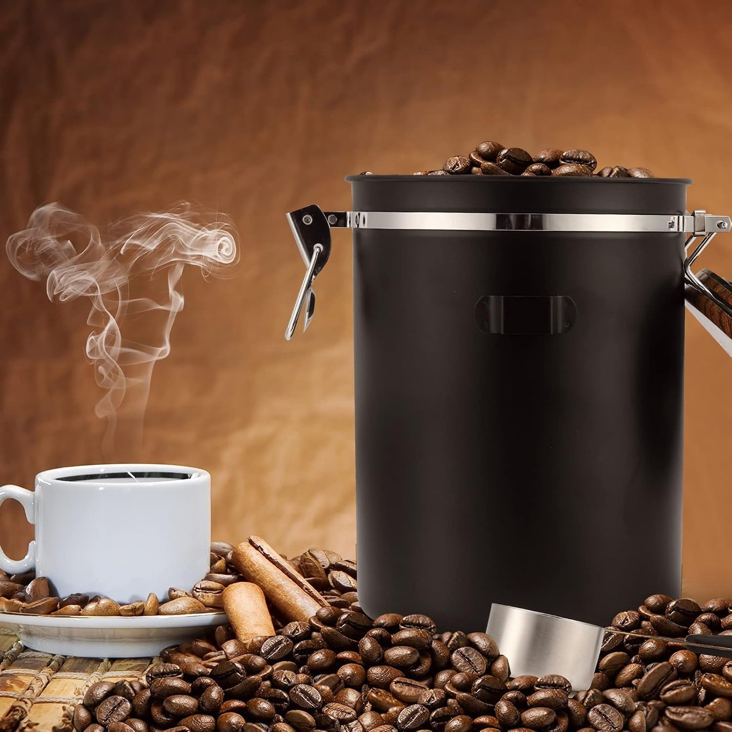 Kaffeedose luftdicht aus Edelstahl mit Messlöffel, 2,8 L Schwarz-02