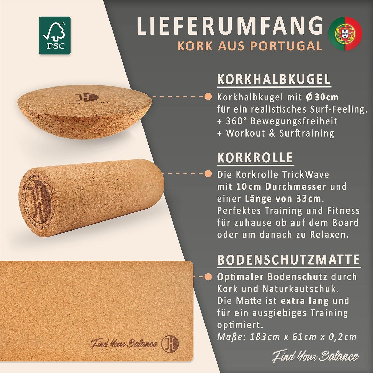 Balance Board mit Rolle und Korkhalbkugel, Bambus + Rolle + Korkhalbkugel + Matte