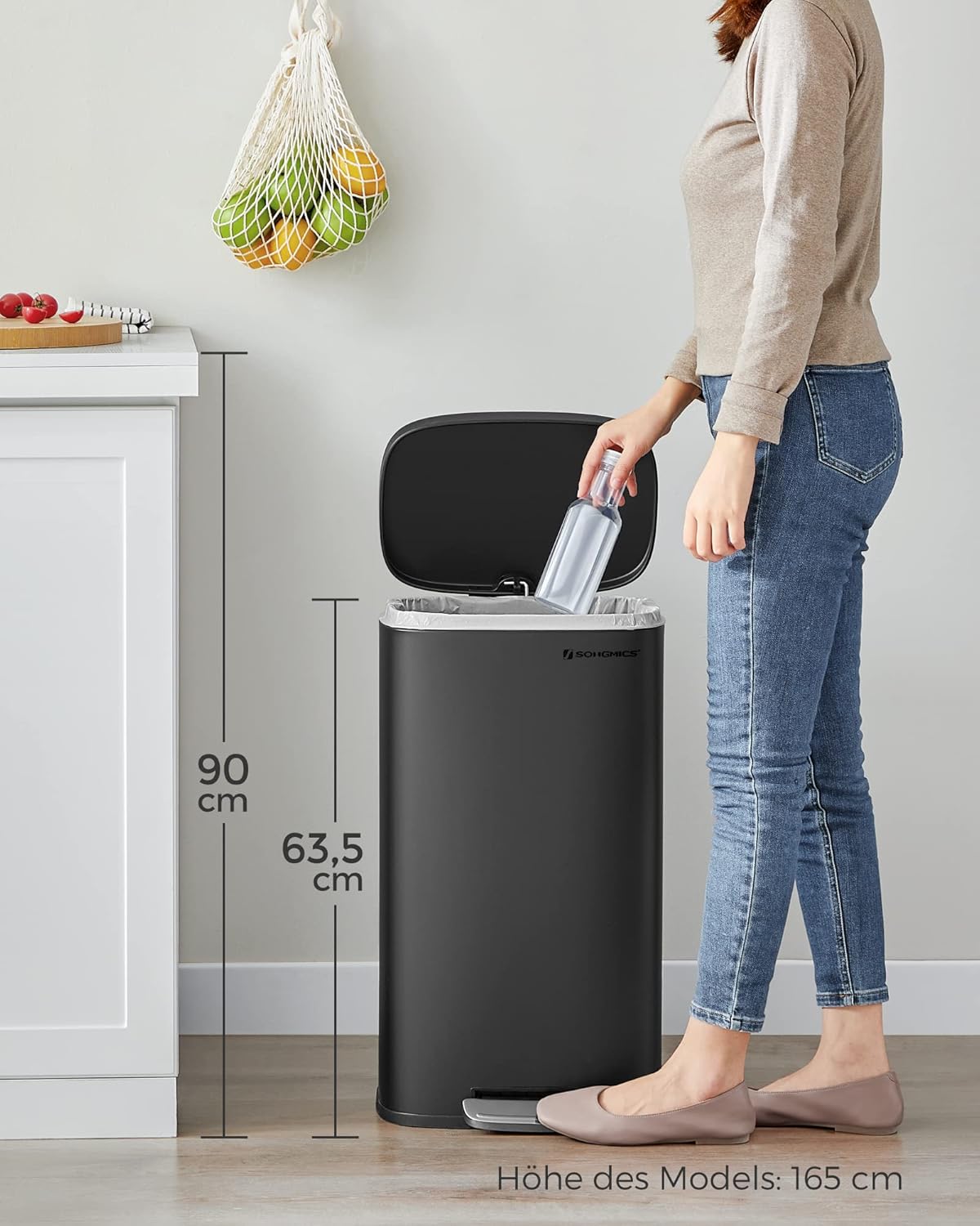 Mülleimer mit Softclose und Fusspedal, 30 Liter, Schwarz