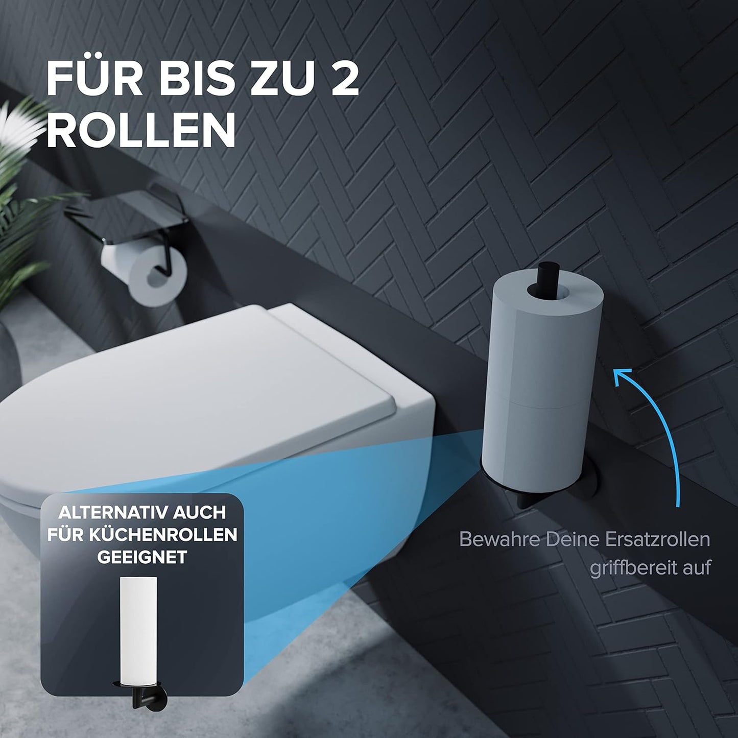 Ersatzrollenhalter selbstklebend für 2 WC-Rollen, Schwarz Zum Kleben