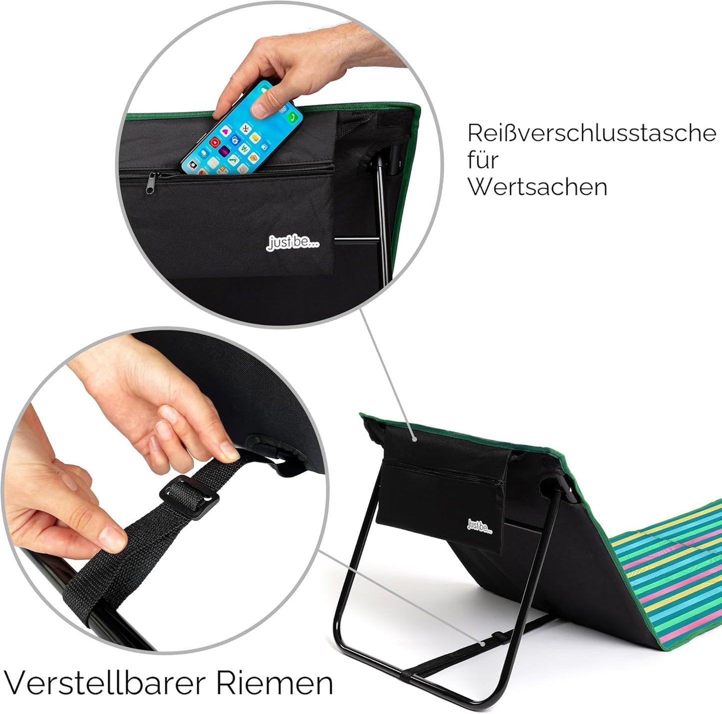Faltbare Strandmatte mit klappbarer Rückenlehne , Reissverschlusstasche und Schultergurt, Dunkle Mehrfarbige Streifen