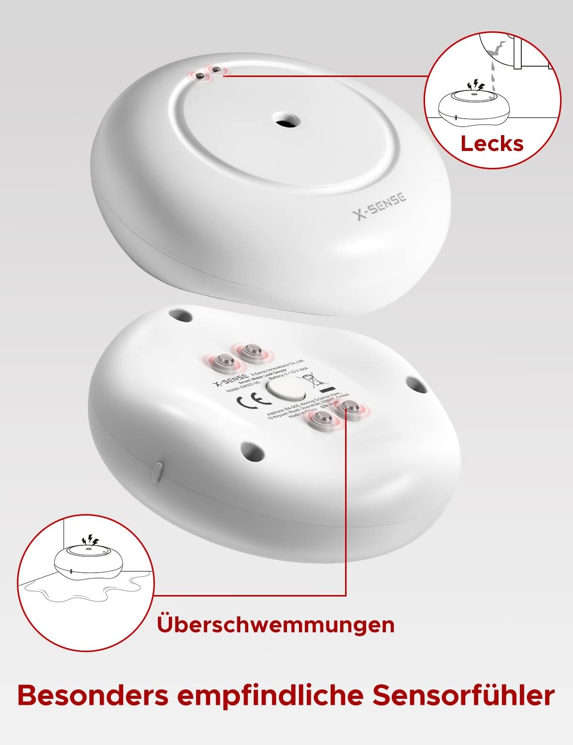 3x Wasserlecksensoren mit Basisstation, Wassermelder mit Basisstation