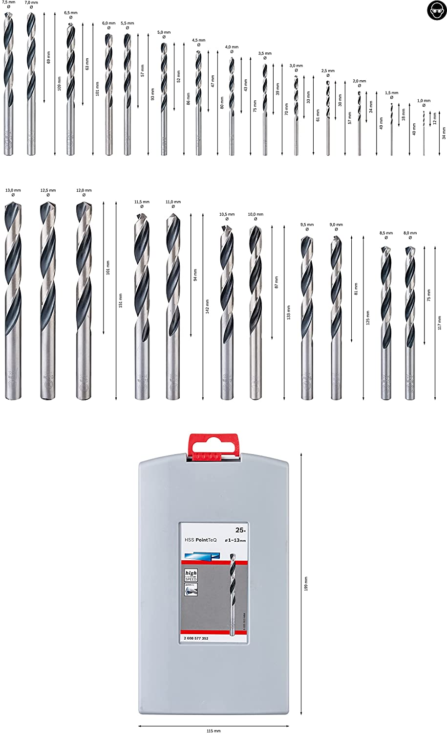 ProBox HSS-Spiralbohrer-Satz PointTeQ, 135°, 25-teilig, Ø 1-13 mm Set