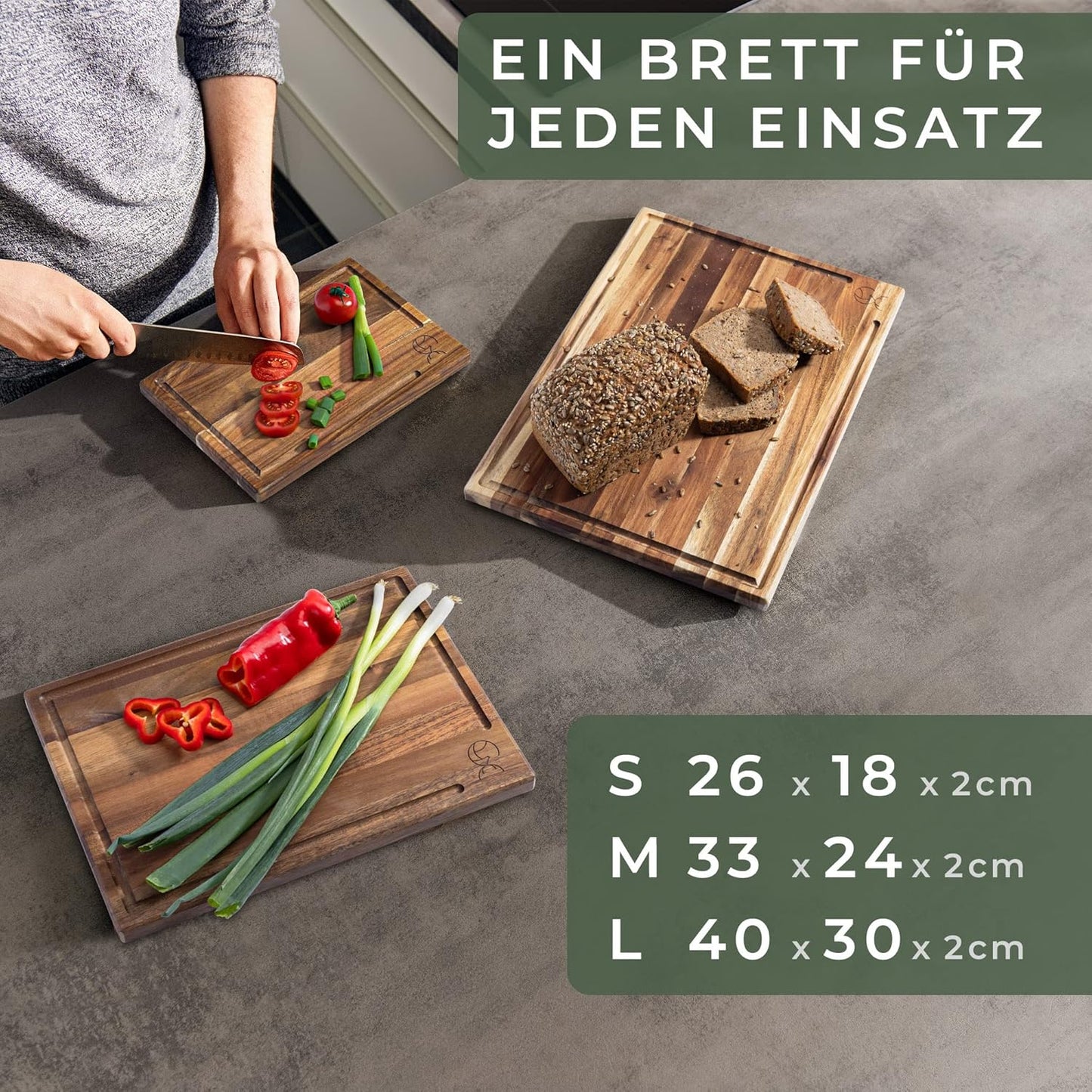 3-teiliges Schneidebrett-Set mit Brettständer, 3 Bretter Akazie