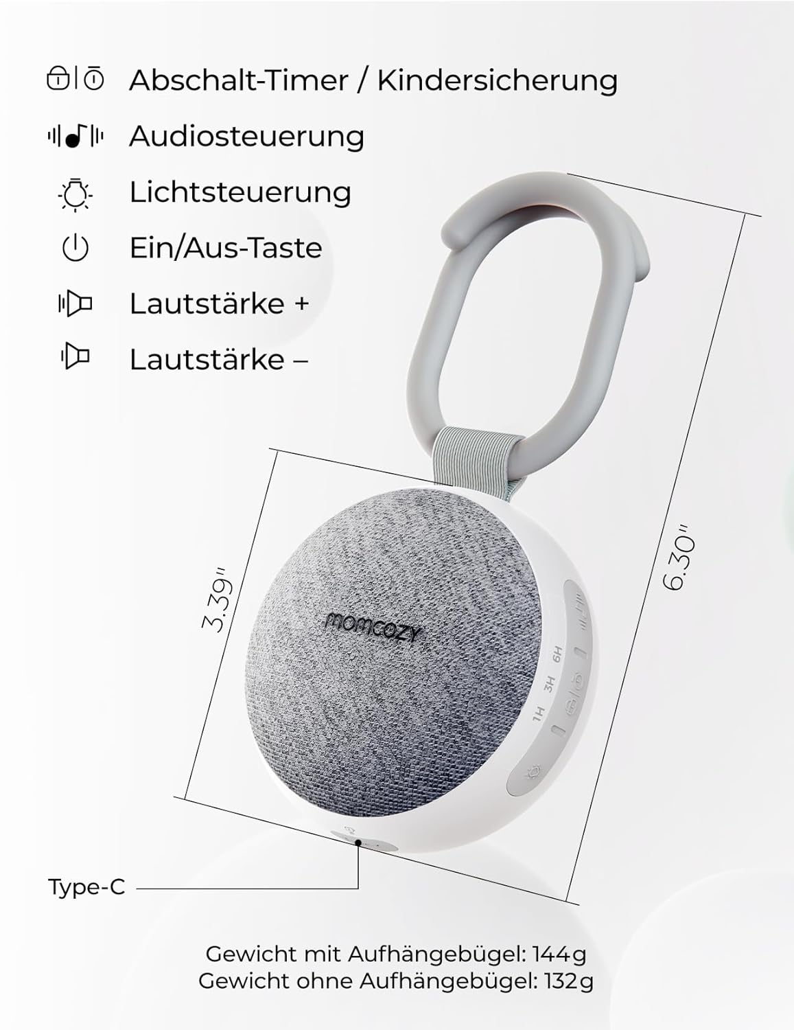 Tragbare White Noise Maschine mit Nachtlicht, Grau