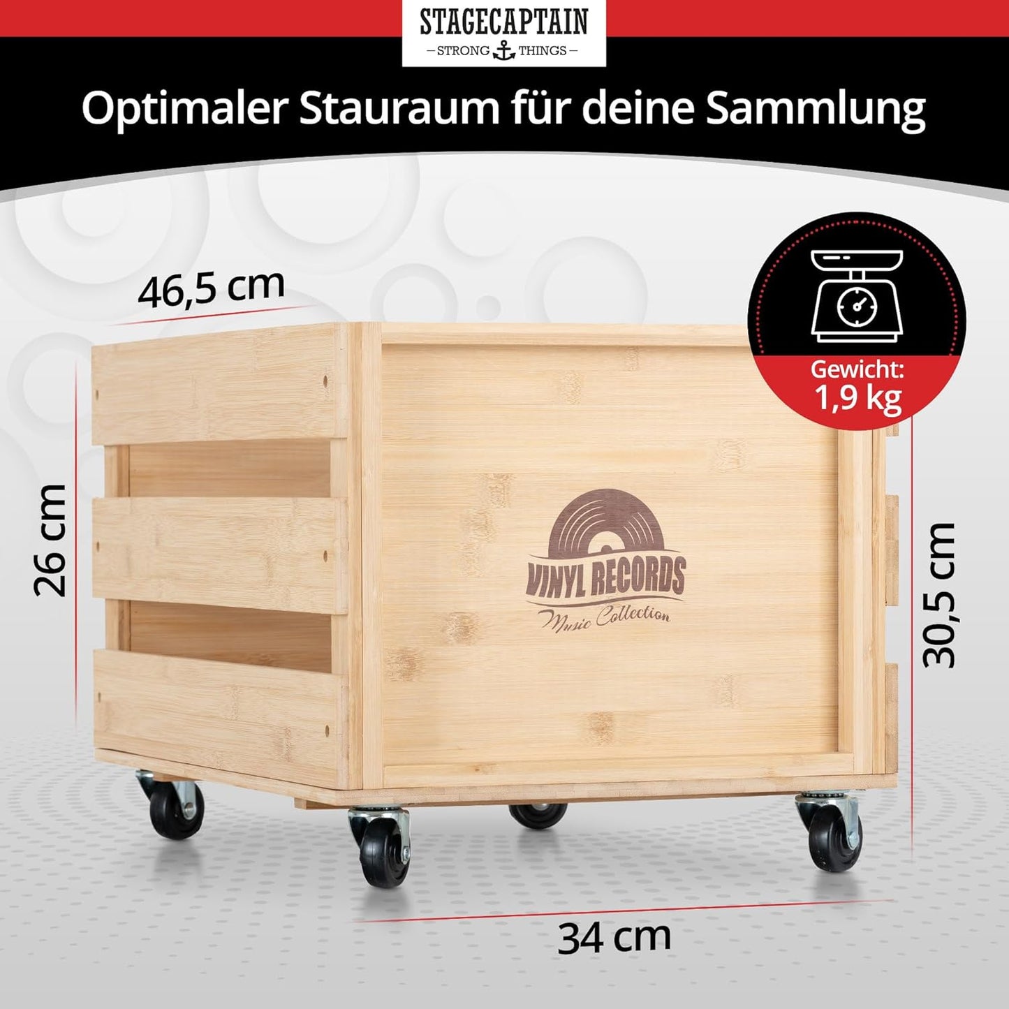 Schallplattenkiste Emil auf Rollen, Bambus Natur 1