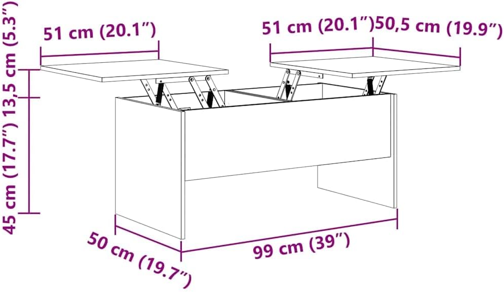 Höhenverstellbarer Couchtisch mit Stauraum, Braune Eiche 102 x 50 x 46.5 cm