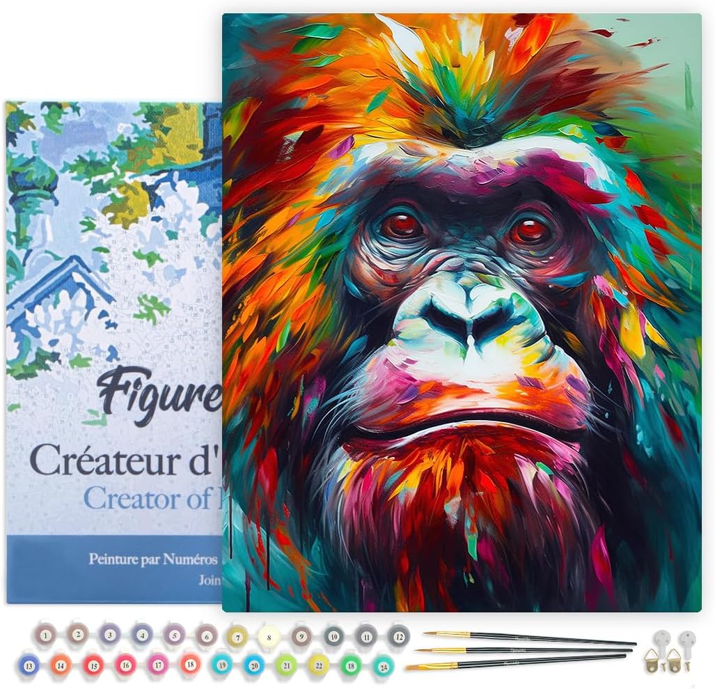 Malen nach Zahlen Set Orang-Utan Abstrakt 40x50cm, Orang-Utan Farbenfroh Abstrakt 40x50cm Mit Rahmen (bereits gespannt)