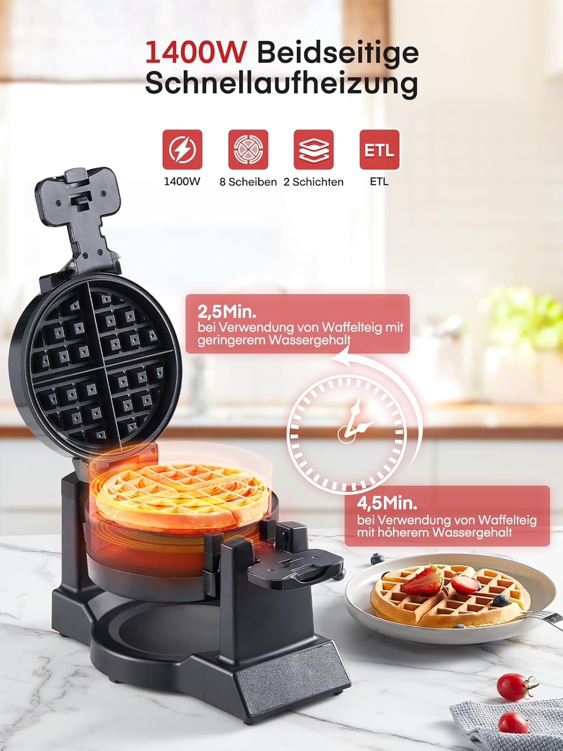 Doppeltes Belgisches Waffeleisen mit 180° Drehung