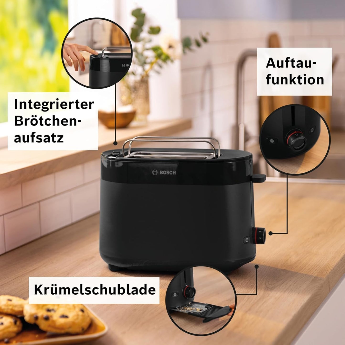 Kompakt Toaster MyMoment mit Brötchenaufsatz, Brotaufsatz integr. ; Schwarz