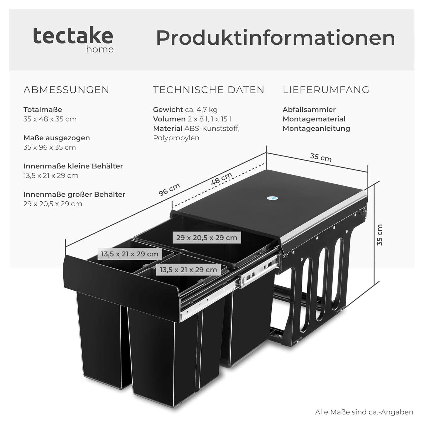 Ashlyn Mülltrennsystem mit 3 Fächern, 2x 8L + 15L