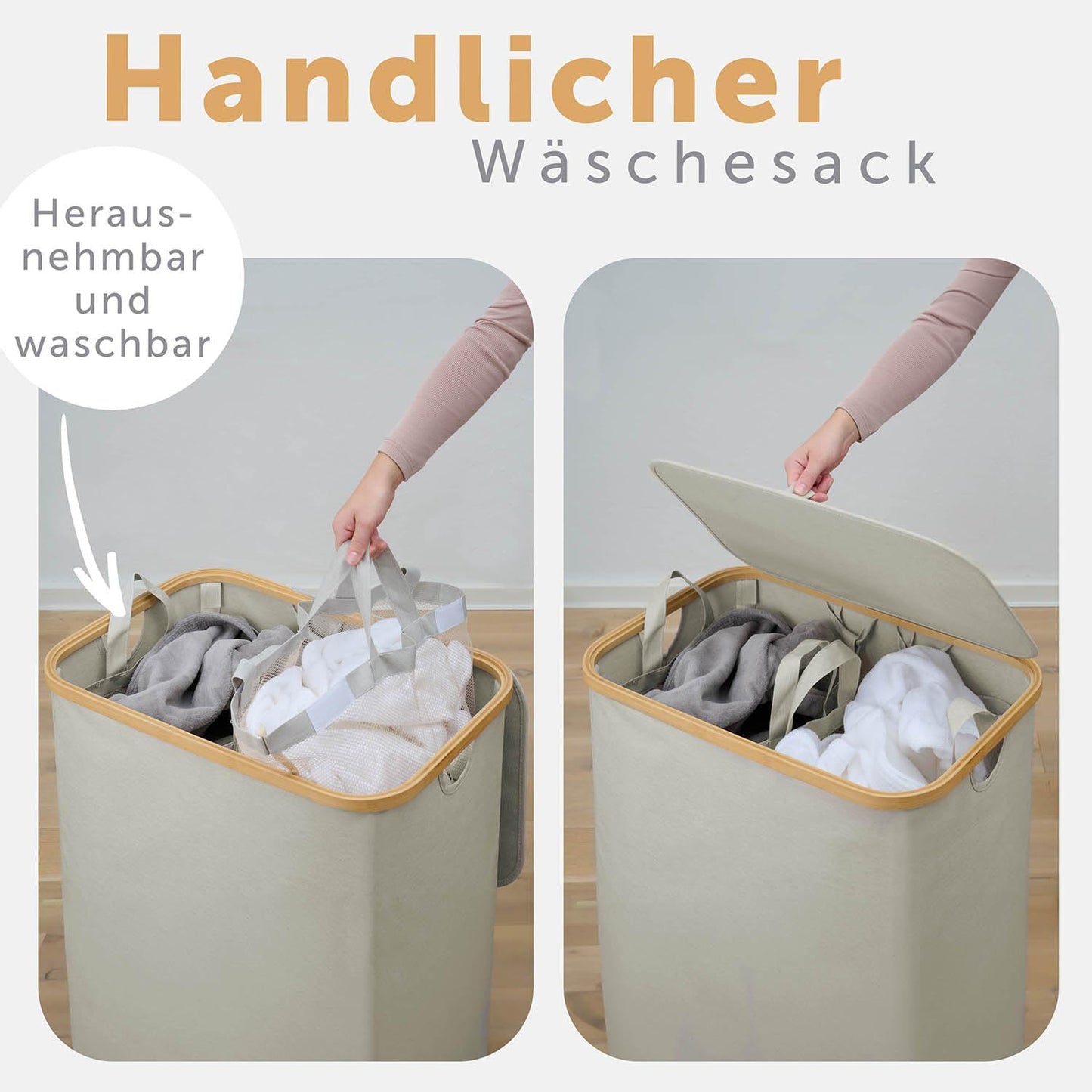 Wäschesammler mit 2 Wäschebeuteln und Wäschenetzen, Beige 140L