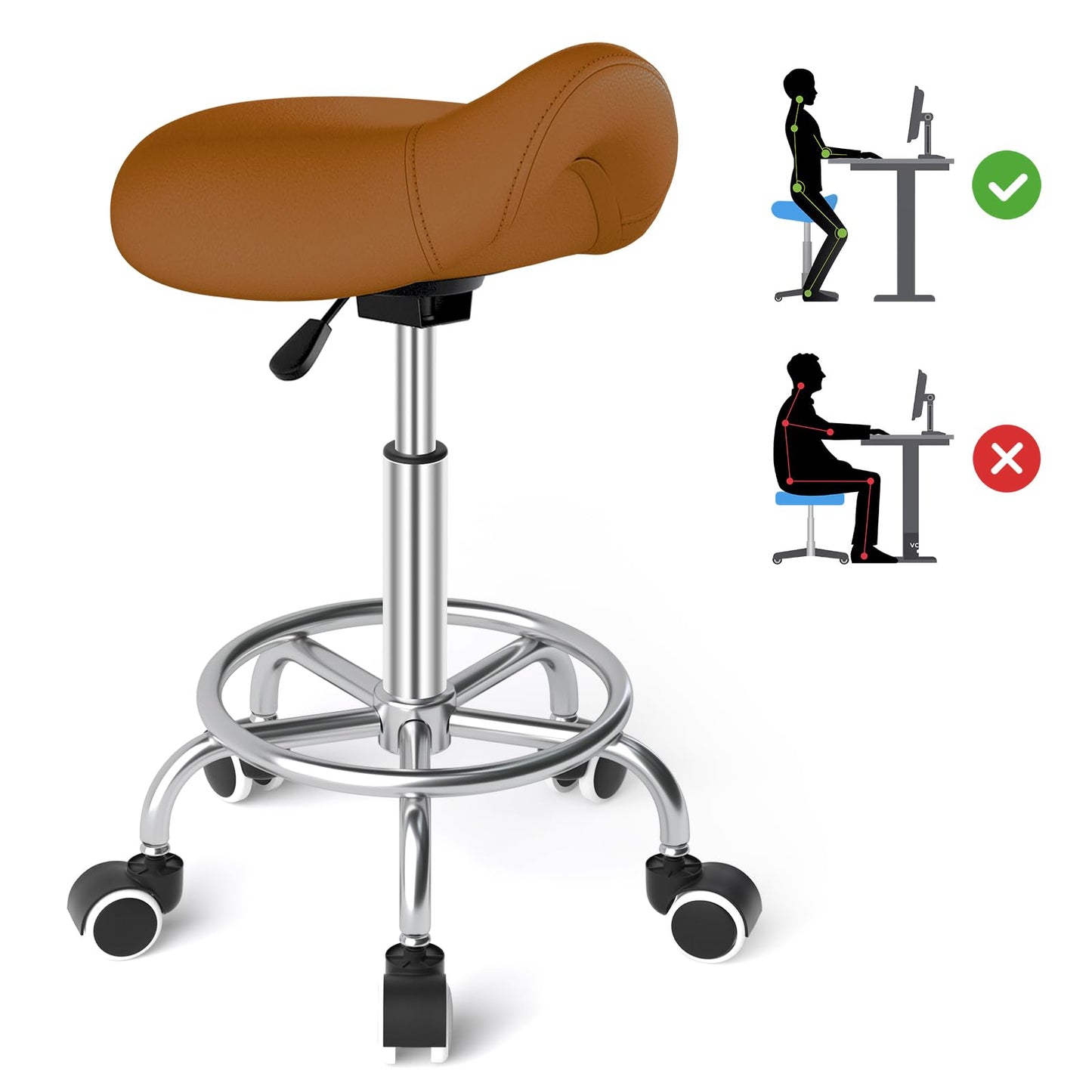 Ergonomischer Sattelhocker mit Rollen und Ringpedal, Braun
