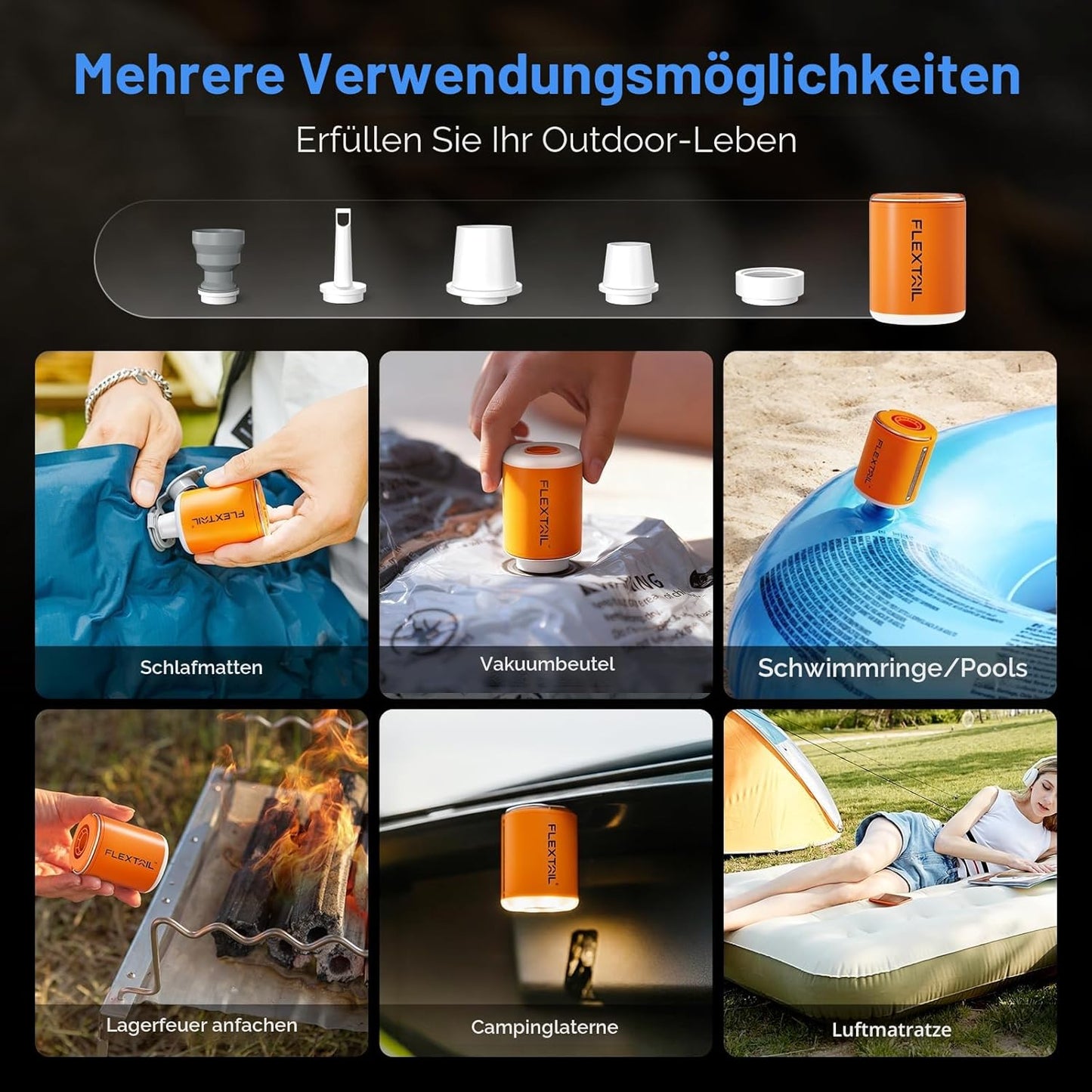 Elektrische Luftpumpe Tiny Pump 2X, Orange mit Licht