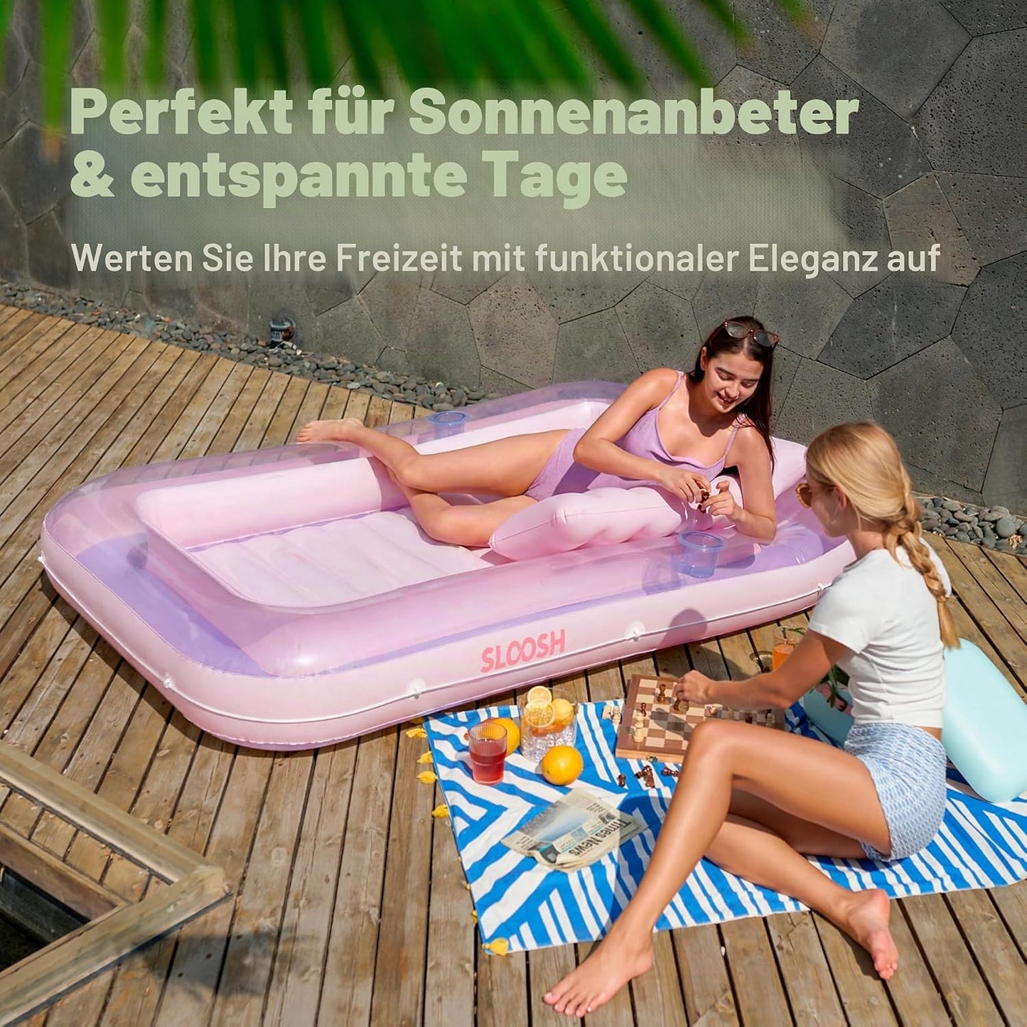 Aufblasbarer Sonnenpool mit abnehmbarem Kissen und Getränkehalter, Lila-Pink L