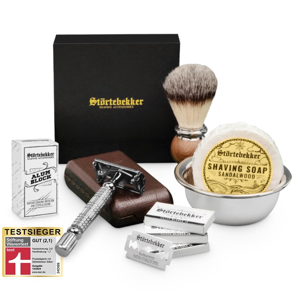Rasierhobel Set mit Etui, Silber-Café