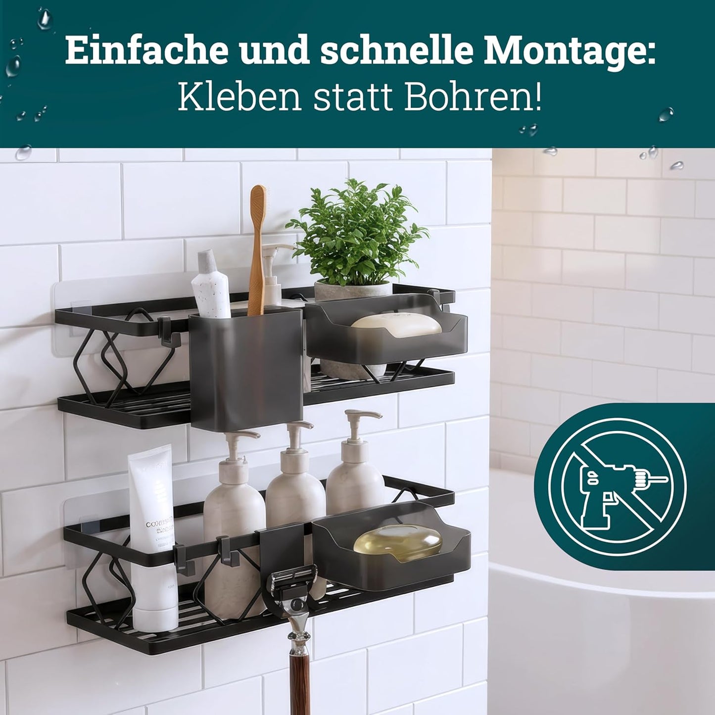 10-teiliges Duschablage-Set ohne Bohren, Set | Schwarz