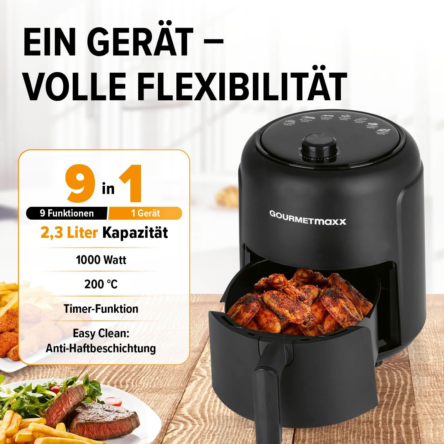 Heissluftfritteuse mit 9 Funktionen & Timer, 2,3 Liter