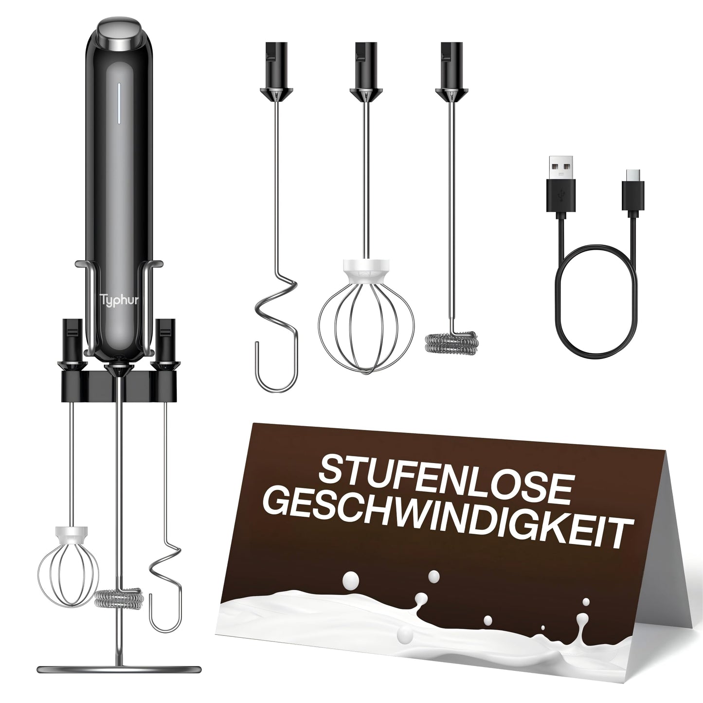 InstaWhisk Elektrischer Milchaufschäumer mit USB-C, Schwarz