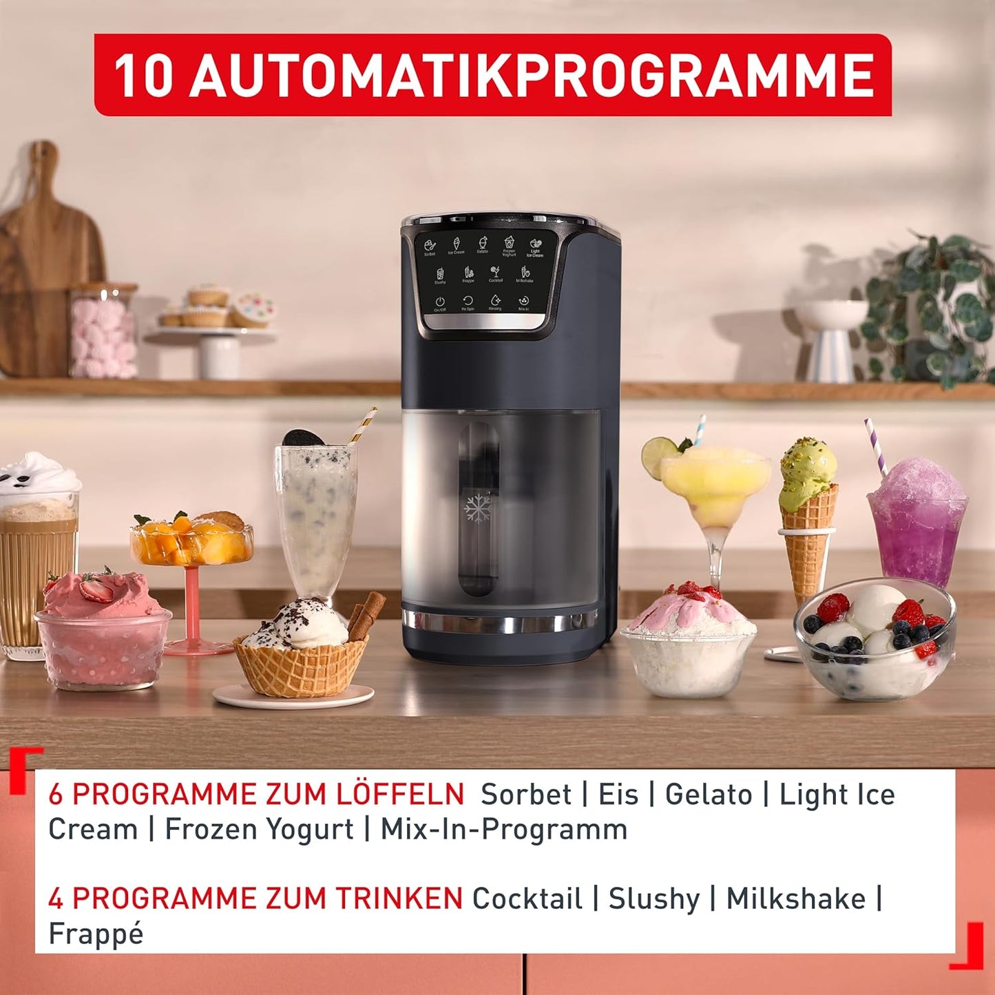 Dolci Eismaschine IG6038E0 mit 10 Programmen & Reinigungsfunktion, Eismaschine inkl. 3x Tritanschüssel