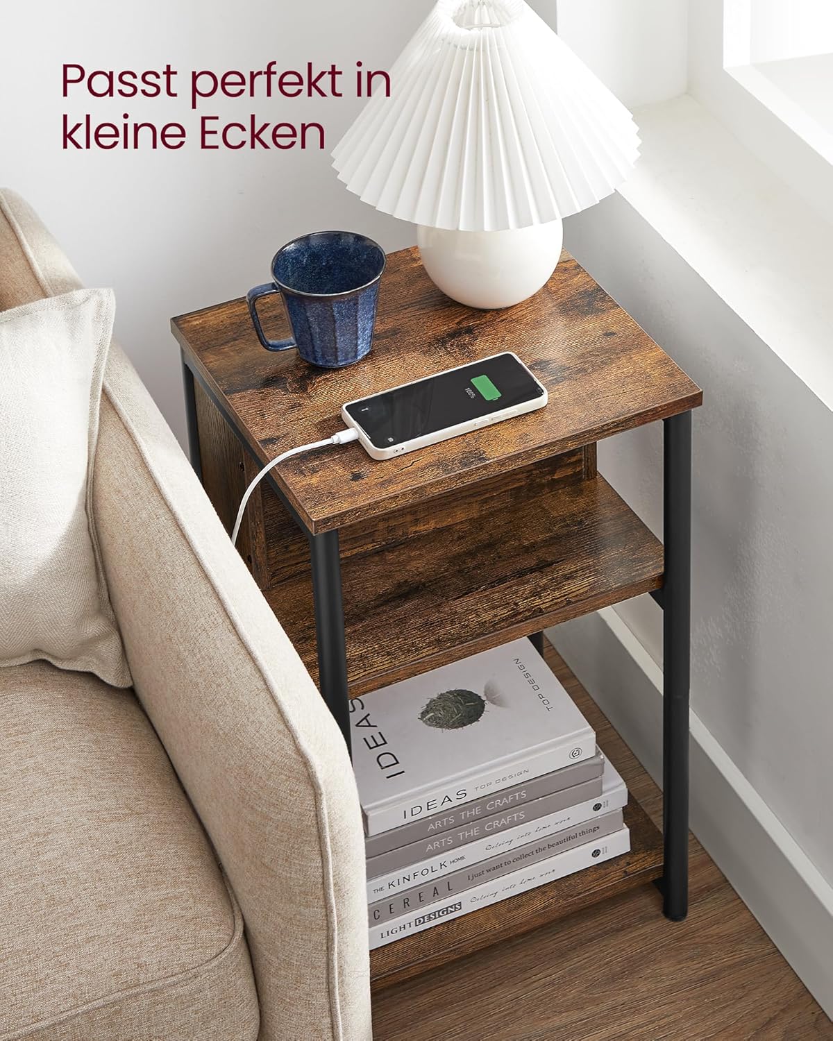 Beistelltisch Connect mit Steckdose und USB-Anschlüssen, Rustikales Braun + Schwarz