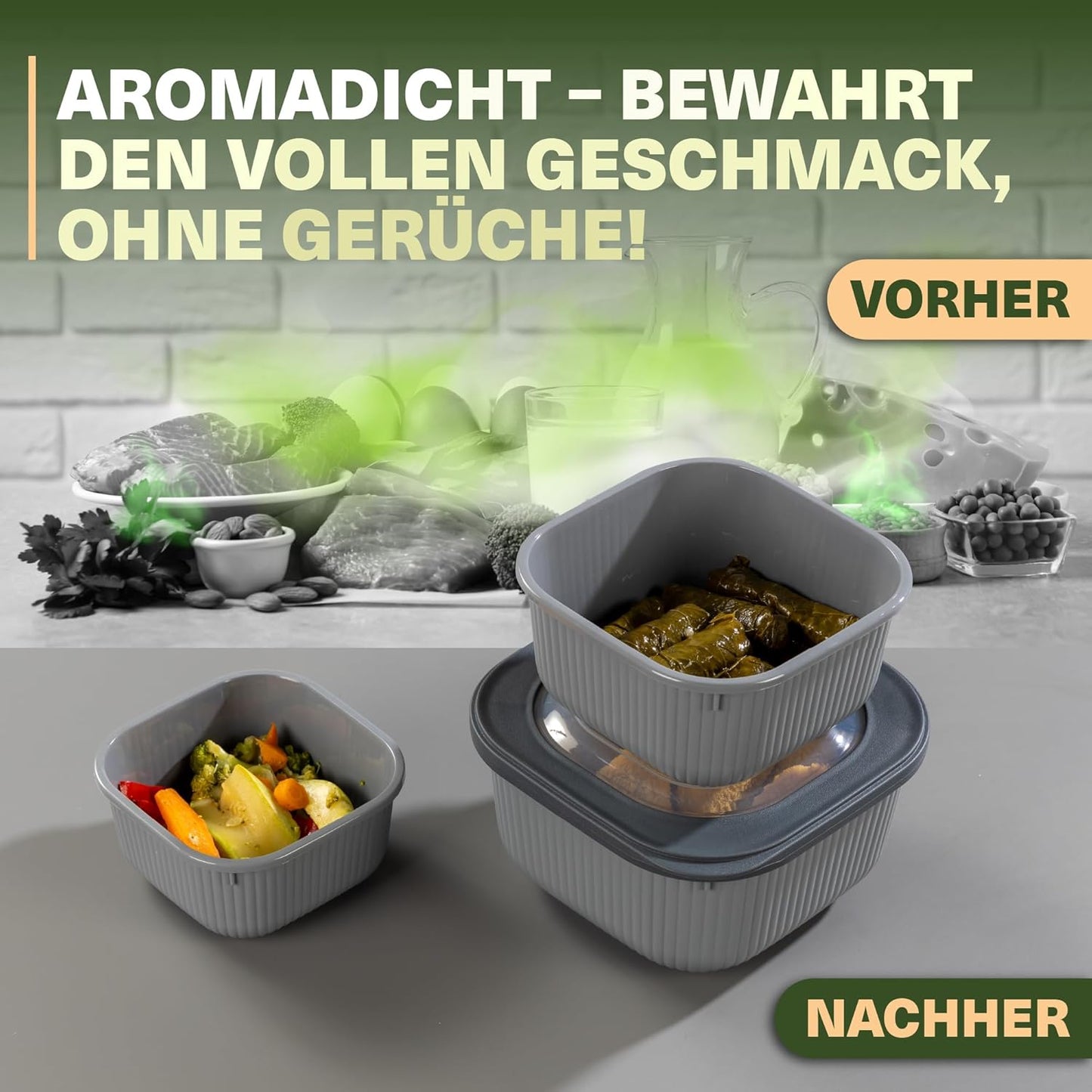 9-teiliges Frischhaltedosen-Set mit Ventildeckel, Grau 9er Set Quadratisch