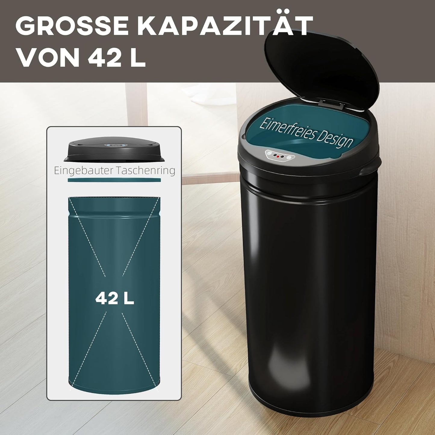 Automatischer Mülleimer mit Bewegungssensor, 42 L Schwarz
