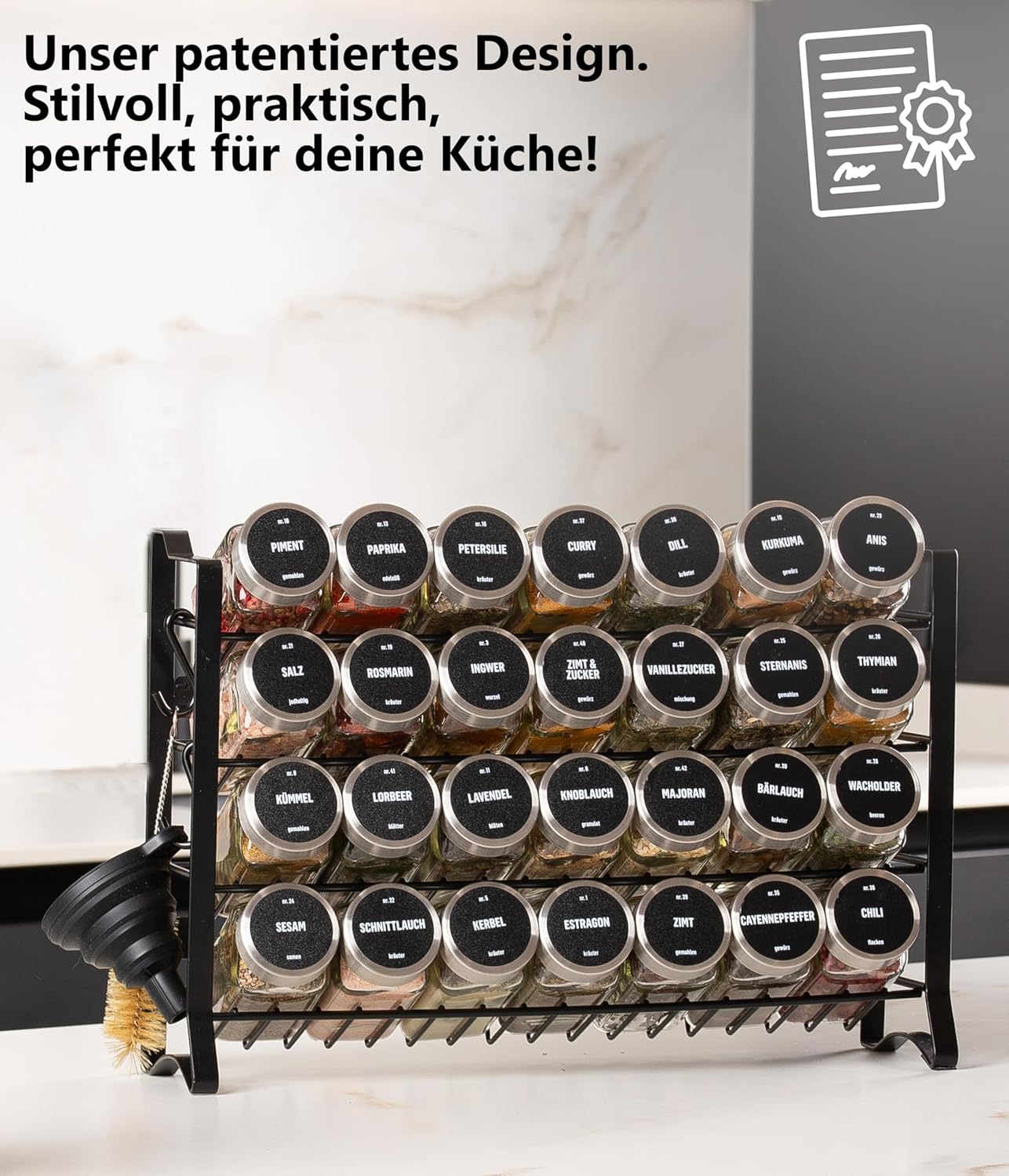 Gewürzregal mit Gewürzgläsern, Schwarz, Deckel Edelstahl