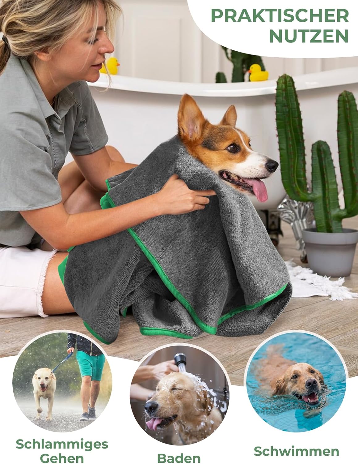 Hundebademantel, L Grau grün
