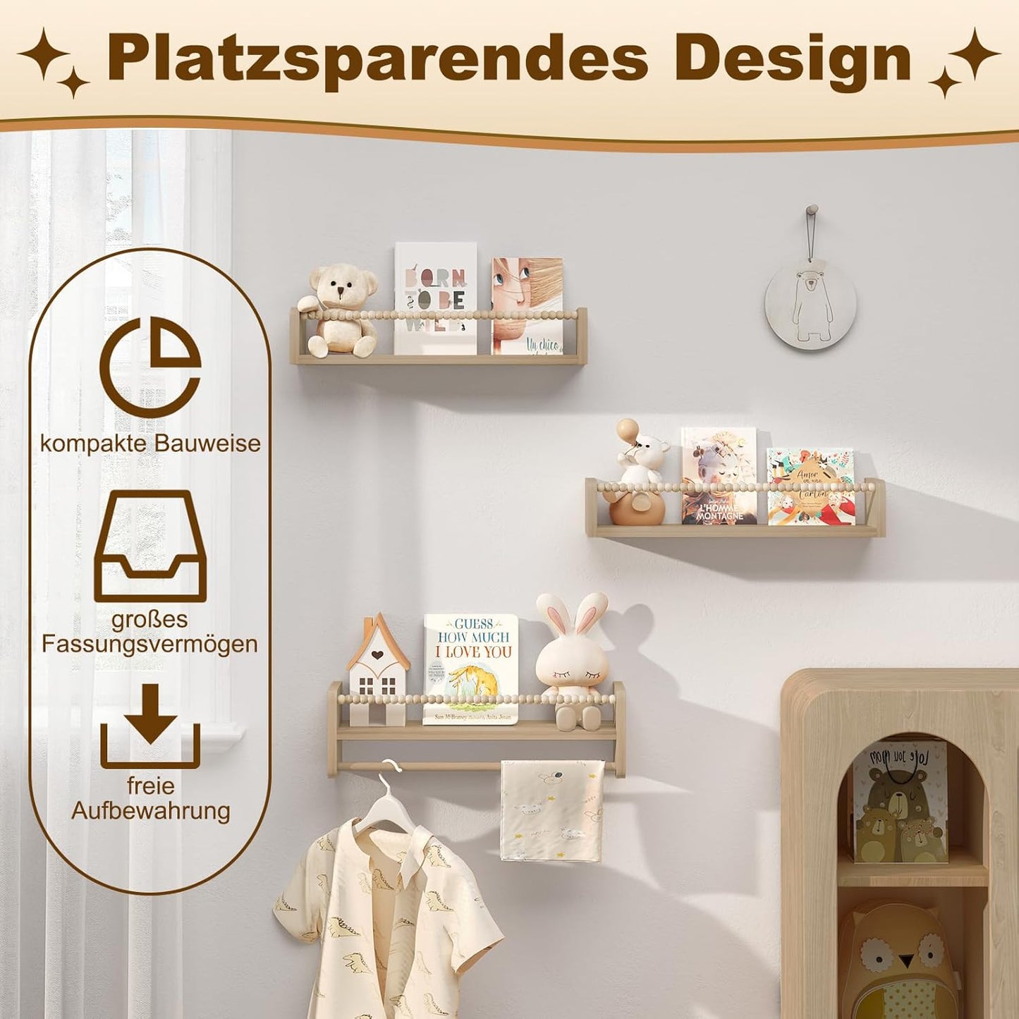 3er-Set Kinder-Bücherregal für die Wand, 50 x 15 x 14 cm Naturholzfarbe