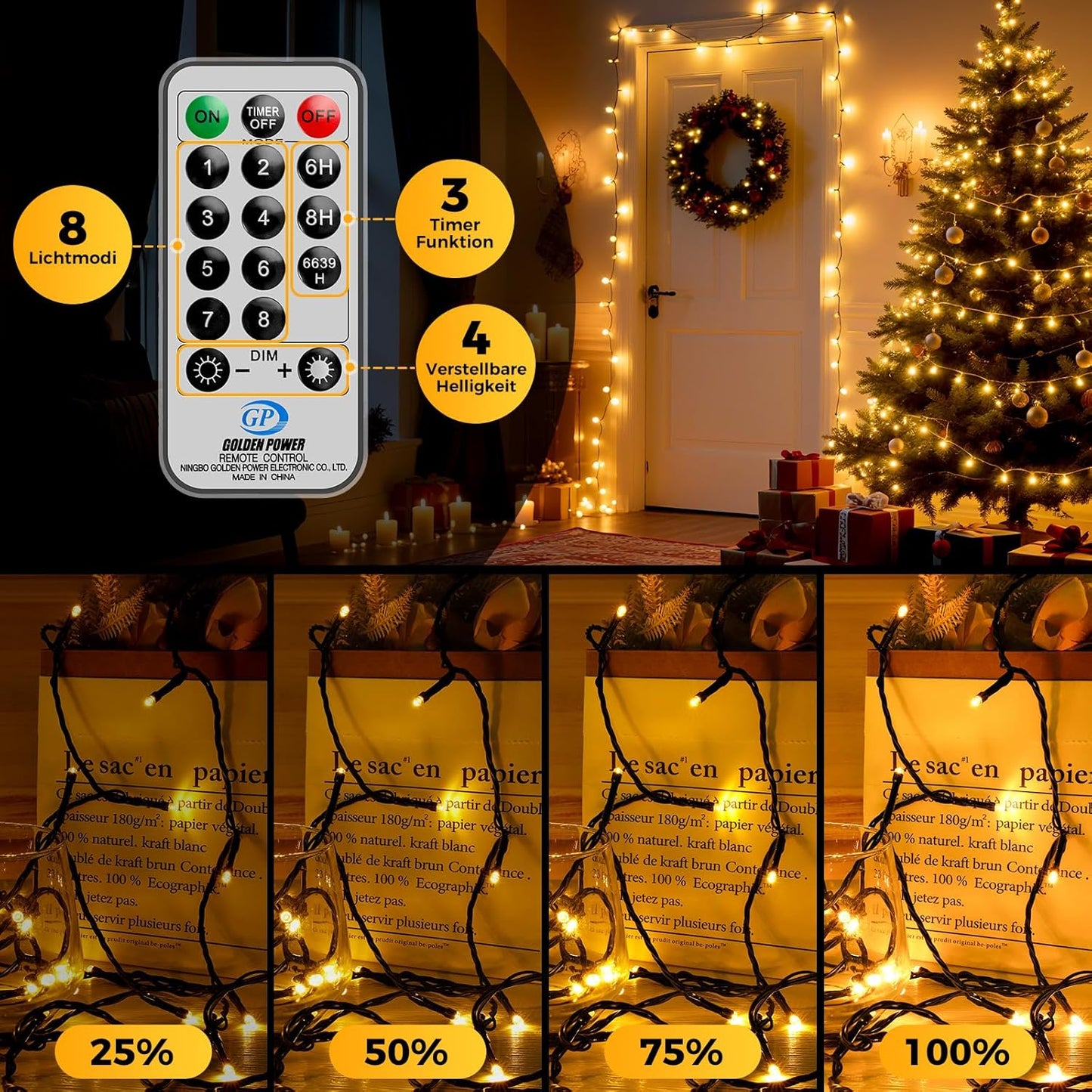 LED-Lichterkette mit Fernbedienung & Timer, 50M Warmweiss