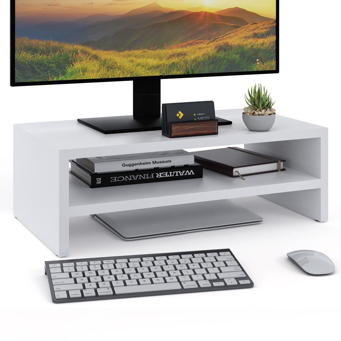 2-stufiger Monitorständer mit Ablagefach, Weiss